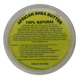 Large plastic tub of natural shea butter with a clear lid and a white product label displaying a barcode, the text “Shea Butter (Large),” handling instructions, weight, and a price of $17.99.