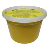 Large yellow container of African Shea Butter with a clear lid and a bright yellow label reading “African Shea Butter 100% Natural,” showing product benefits and usage instructions.