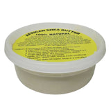 Small round container of African Shea Butter labeled “African Shea Butter 100% Natural” with a bright yellow lid displaying product benefits and usage instructions.