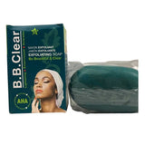 Box of B.B. Clear Exfoliating Soap with AHA, featuring a woman with a towel on her head touching her face.