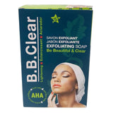 Box of B.B. Clear Exfoliating Soap with AHA, featuring a woman with a towel on her head touching her face.