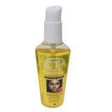 Bottle of CT+ Clear Therapy Intensive Lightening Serum with a pump dispenser and bright yellow liquid, labeled for flawless complexion and anti-dark spot care.