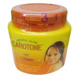 Carotone Natural Glow Clarifying Cream with Collagen Formula and Sun Protection in yellow and orange jar, skincare cream for even and radiant skin tone.