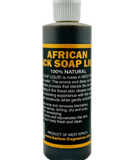 African Black Soap Liquid – 100% natural skincare soap in a plastic bottle labeled “Product of West Africa,” used for cleansing and rejuvenating the skin.