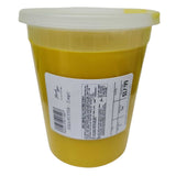 Large yellow tub of shea butter with a white lid, labeled “Shea Butter (Large)” and priced at $17.99, featuring a barcode and safe handling instructions.