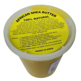Large yellow tub of shea butter with a white lid, labeled “Shea Butter (Large)” and priced at $17.99, featuring a barcode and safe handling instructions.
