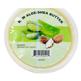 Raw aloe shea butter in plastic container with aloe vera and shea nut ingredients, natural moisturizing butter for skin and hair
