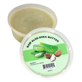 Raw aloe shea butter in plastic container with aloe vera and shea nut ingredients, natural moisturizing butter for skin and hair