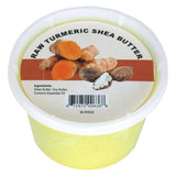 Raw turmeric shea butter in plastic container with turmeric root and shea nut ingredients, natural brightening butter for skin and body care