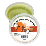 Raw turmeric shea butter in plastic container with turmeric root and shea nut ingredients, natural brightening butter for skin and body care