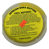 Large tub of yellow African shea butter with a clear plastic lid and a white product label featuring a barcode, handling instructions, and the text “Shea Butter (Large)” priced at $17.99.
